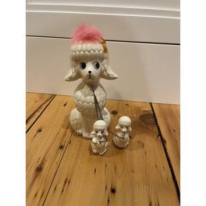 Japanese White Ceramic Poodle With Leashed Puppies and Bow with Pink Puff Hat